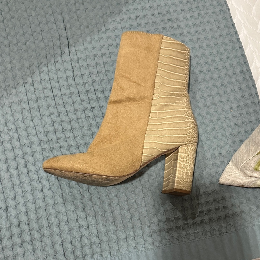 Beige Croc-Embossed Ankle Boots